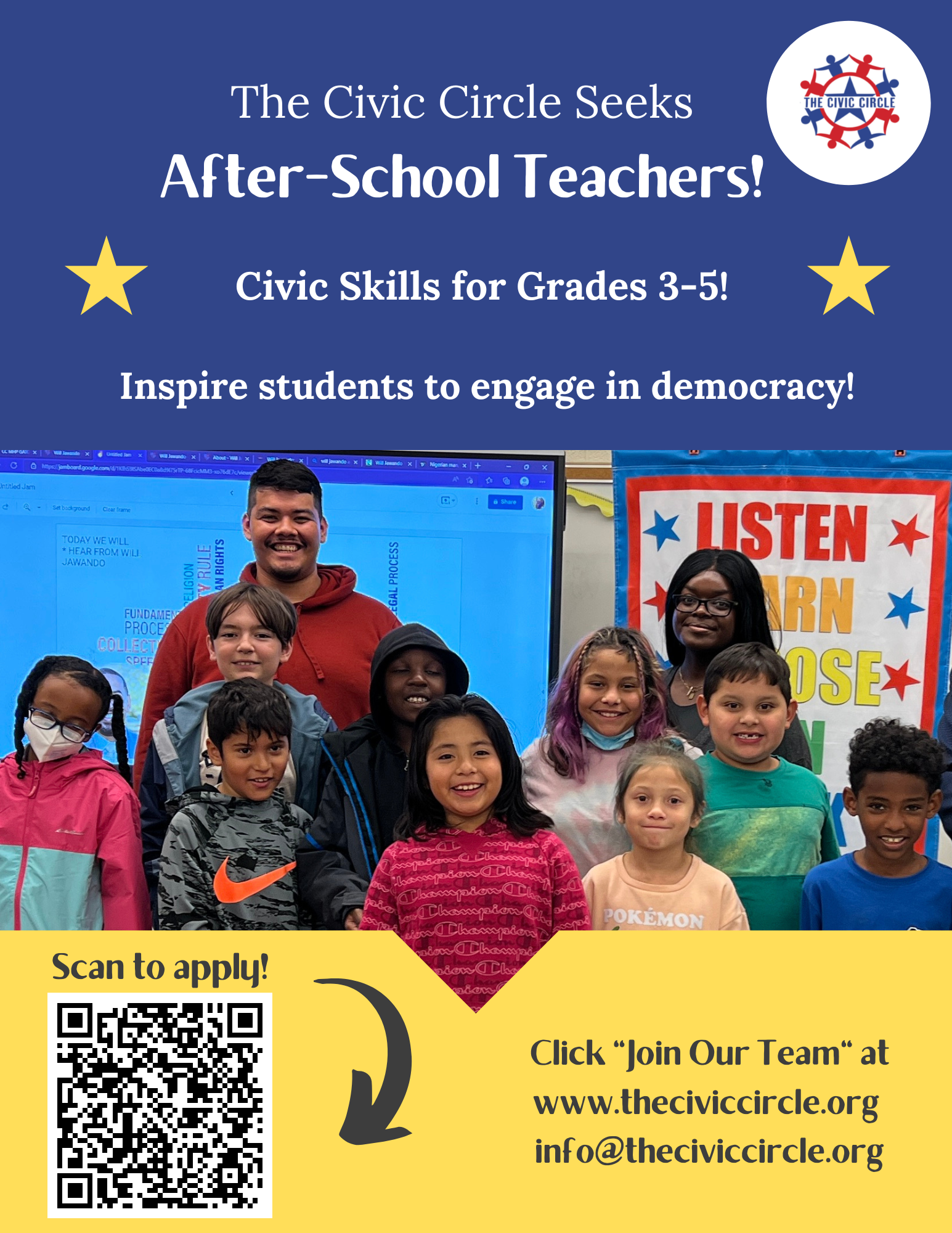 tcc-seeking-teachers The Civic Circle Seeks After-School Teachers! Civic Skills for Grades 3-5! Click "Join Our Team" or email info@theciviccircle.org for more information.