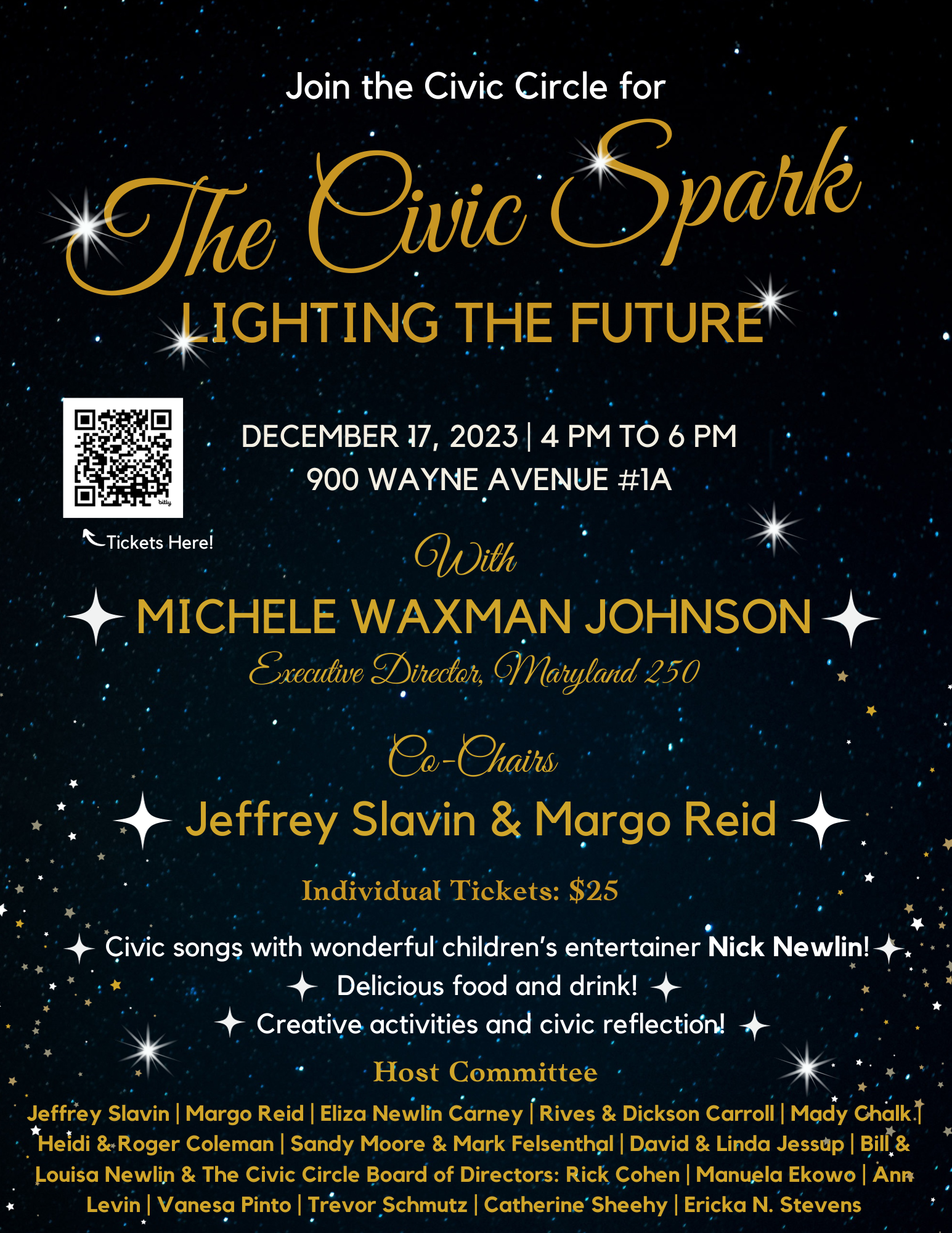 Join The Civic Circle for The Civic Spark: Lighting the Future. December 17, 2023 | 4 PM to 6 PM 900 Wayne Avenue #1A Civic songs with wonderful children's entertainer Nick Newlin! | Delicious food and drink! | Creative activities and civic reflection!